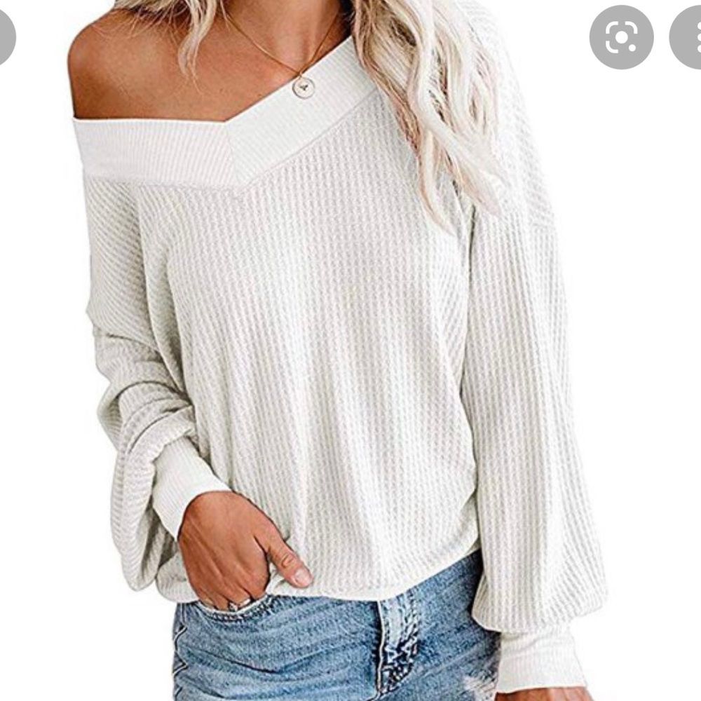 Free people white v-neck waffle knit